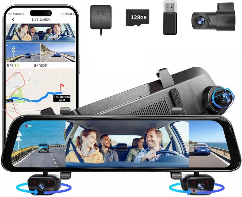 Gloryes 2026 12'' Mirror Dash Cam 4 Channel, Touch Screen Rear View Mirror Camera for Cars,1080Px4 Dashcam Front Rear Inside, IR Night Vision,WiFi,APP,GPS, 24/7 Recording Parking Monitor,Free 128GB SD - Image 1